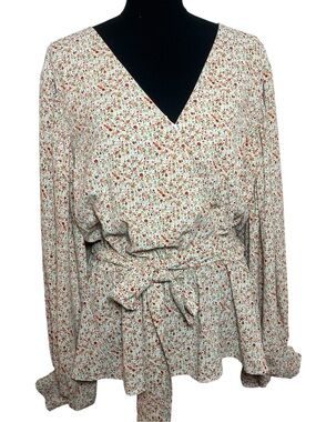 Arula‎ Women’s 14/16 Floral Wrap Blouse Long Sleeve Peplum Tie Waist Red Multi